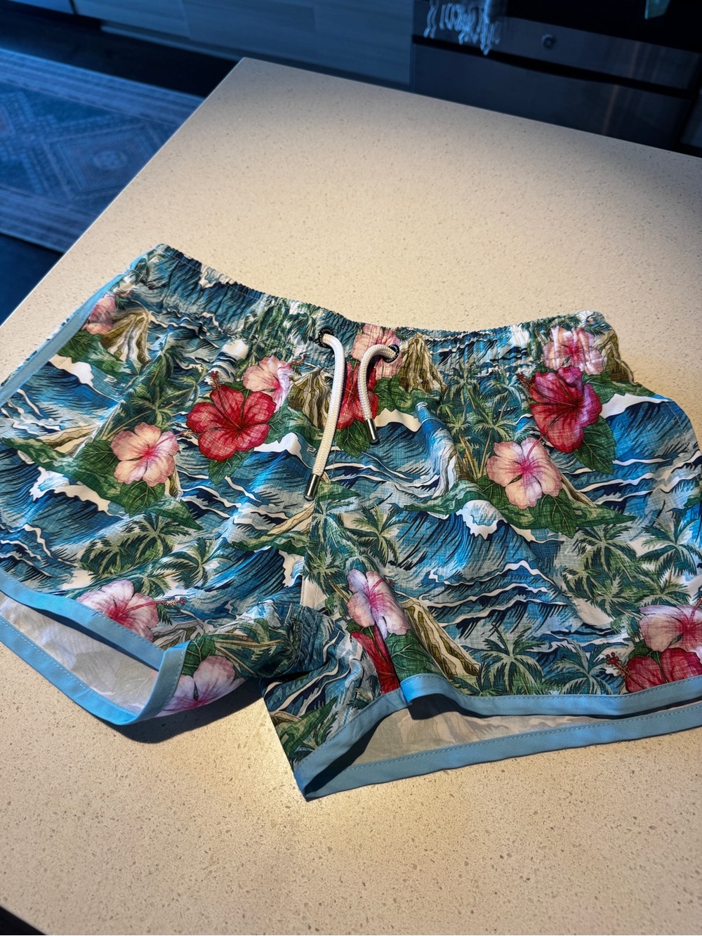 Tropical Floral Athletic Drawstring Shorts - Blue, Green & Pink